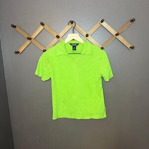 Avan Basic Green Ribbed Knit Polo Minimalist Statement Top Sculptural Retro L